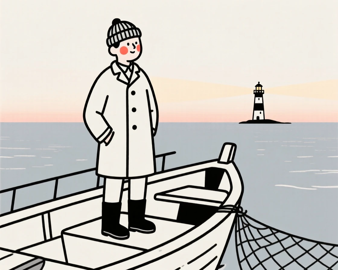 A lighthouse keeper watching the sea, radiating quiet confidence, on a fishing boat at dawn.