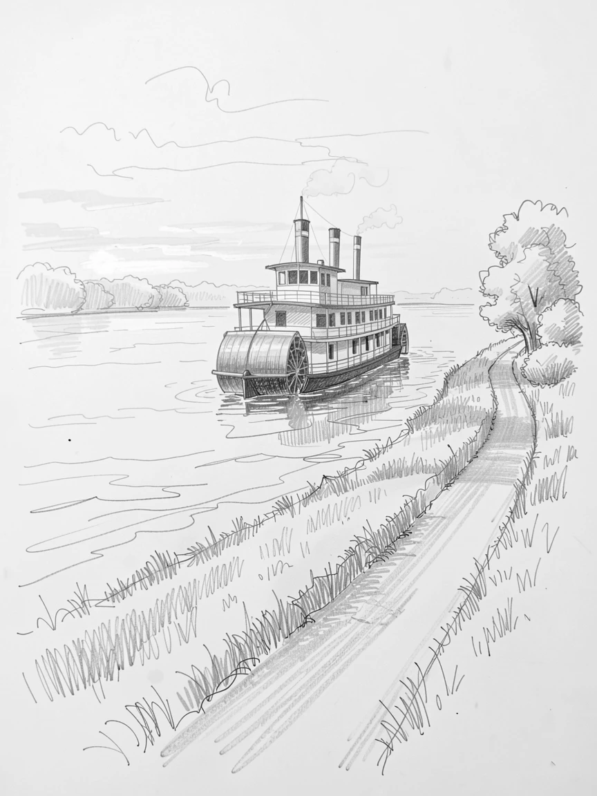 An eye-catching view of a paddle steamer on a wide river on a quiet countryside lane, with golden sunset light reflecting off the chrome.