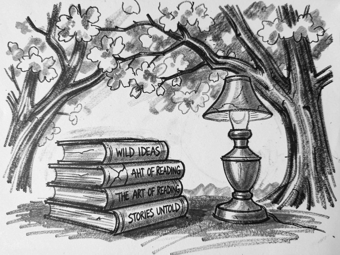 A stack of well-worn books beside a reading lamp, beneath blossoming trees in full bloom.