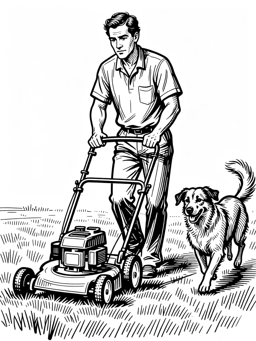 A man mowing the lawn while his dog trots along beside him.