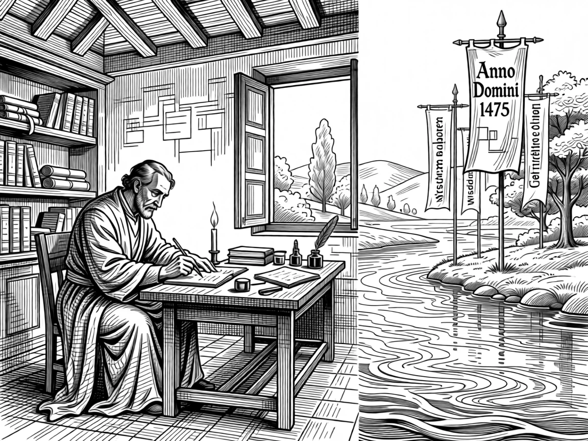 A scholar writing by candlelight in an old study beside a river that has flowed for generations, with banners and flags marking the occasion, portrayed in a solemn and dignified historical scene.