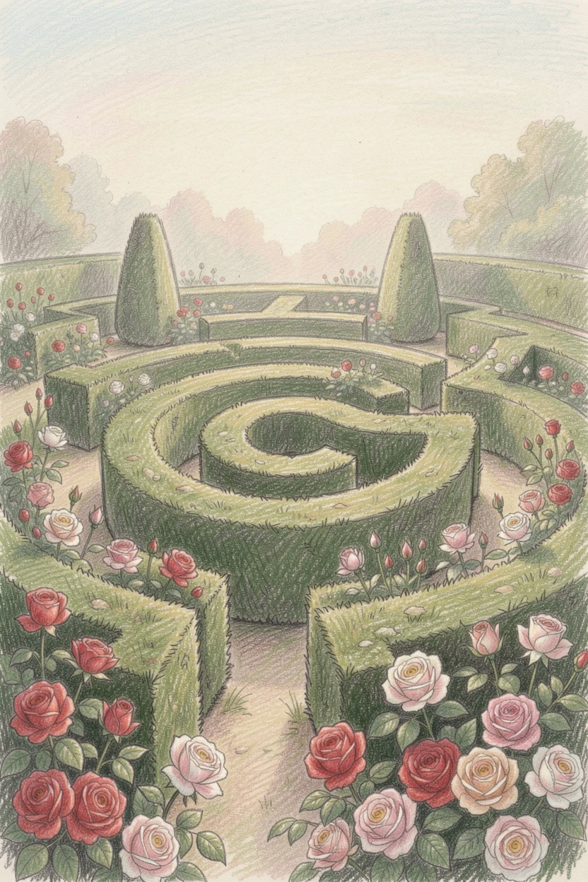 A royal garden maze with tall clipped hedges and blooming roses, set against a softly lit, atmospheric backdrop, designed to feel inviting, memorable, and shareable.