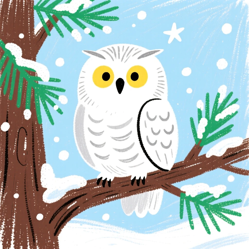 A snowy owl perched silently on a frosted pine branch.