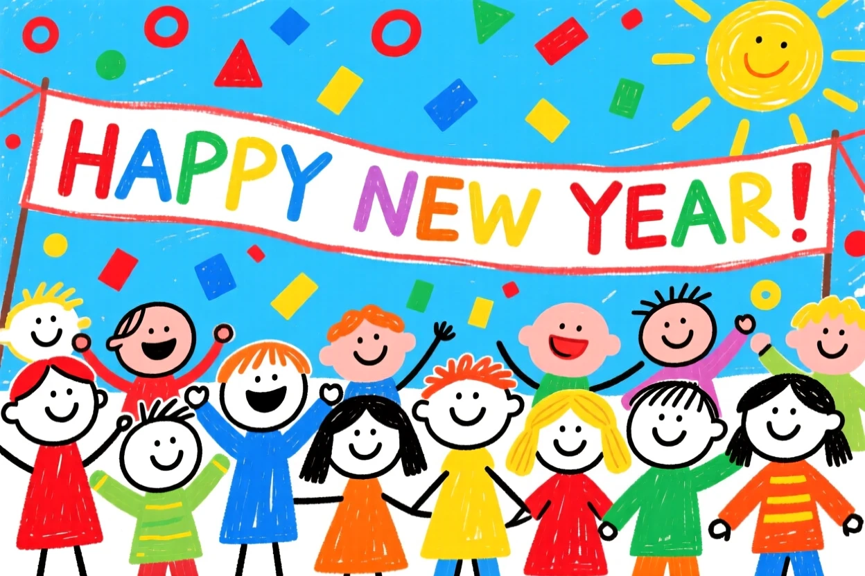 A New Year celebration with confetti falling over a cheering crowd.