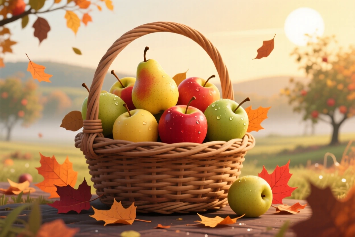 A basket of ripe pears and apples during autumn harvest season, set against a backdrop celebrating the season's charm, composed to capture the unique charm of the season, with a fresh, crisp atmosphere throughout.