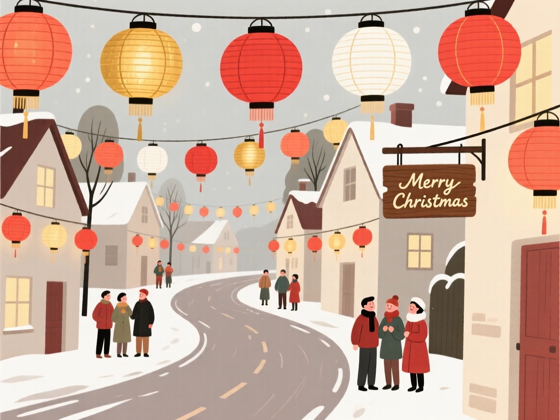 A Christmas celebration with paper lanterns filling a village street.