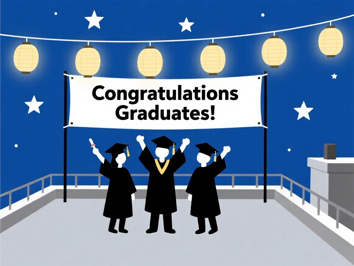 A joyful graduation ceremony taking place in a rooftop under the stars, decorated with paper lanterns, full of joyful celebration.