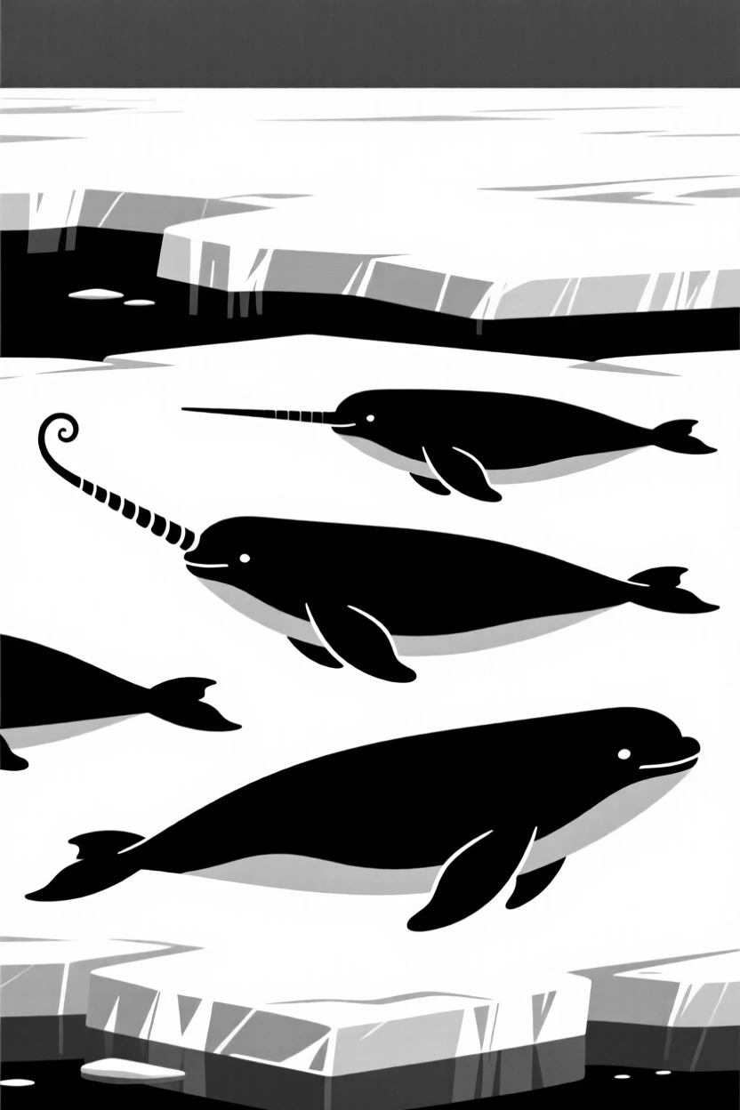 A pod of narwhals swimming beneath arctic ice.