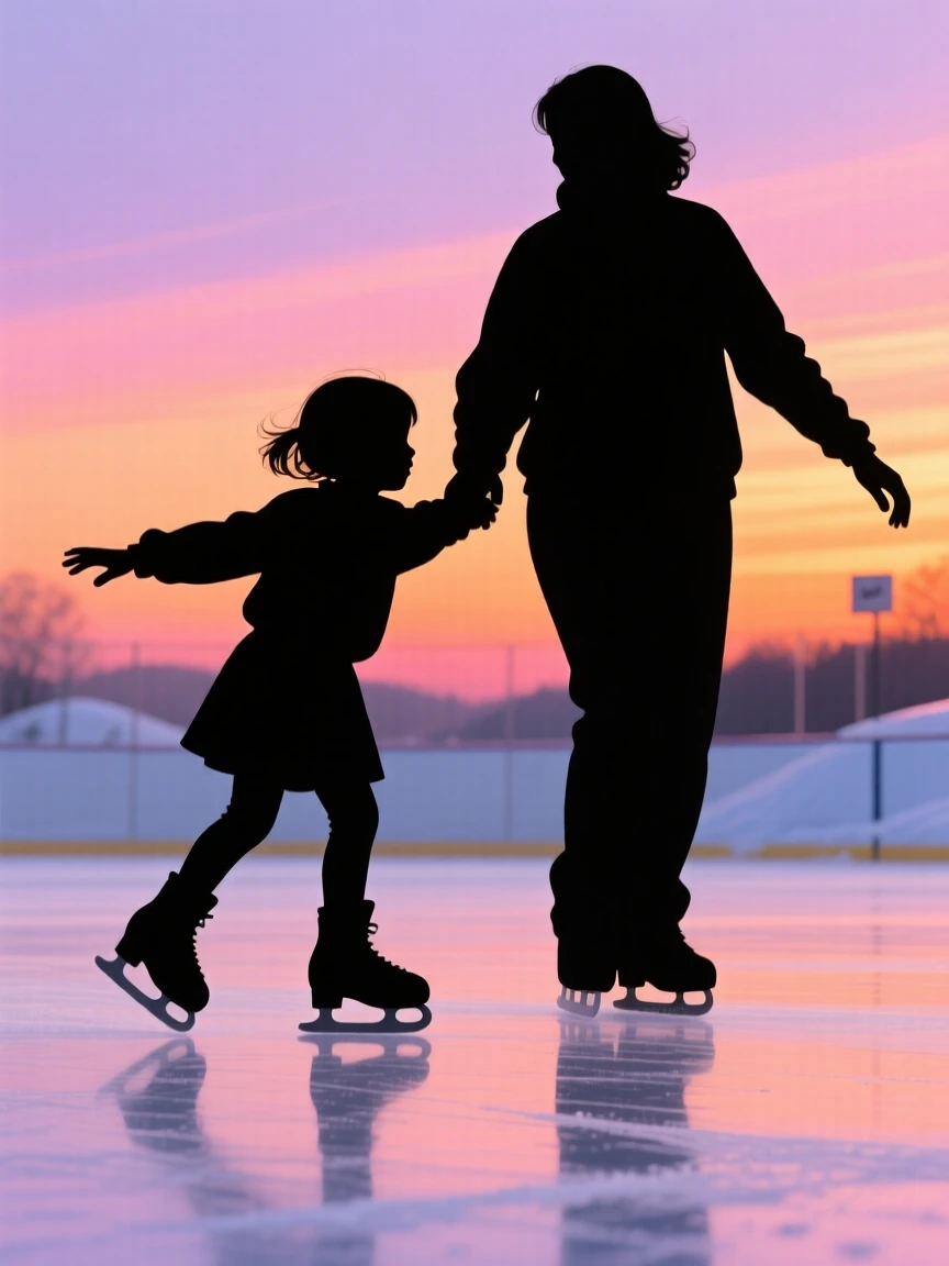A child learning to ice skate, arms out for balance, parent close behind.