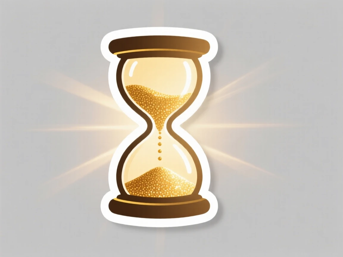 A calmly strong scene of a hourglass with golden sand catching the light, surrounded by a gentle sense of stillness, representing a new beginning.