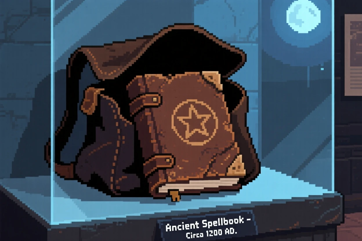 A spellbook bound in worn leather tucked inside an adventurer's travel bag, in a museum display at midnight.