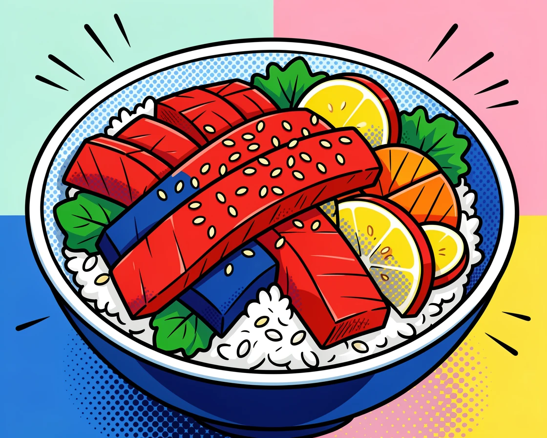A bowl of elaborate poke topped with sesame seeds photographed up close in soft natural light