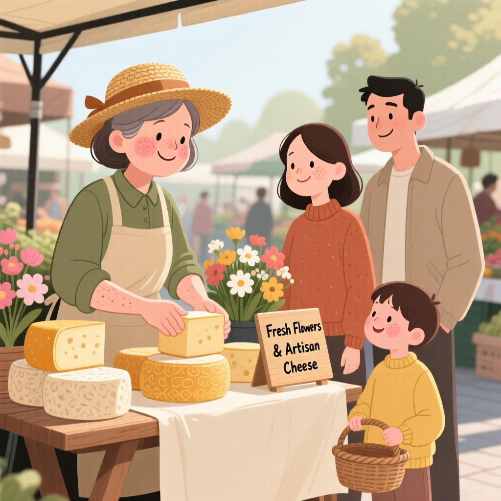 A flower seller arranges wheels of cheese at a bustling farmers market, greeting a young family with a warm smile in the morning sun.