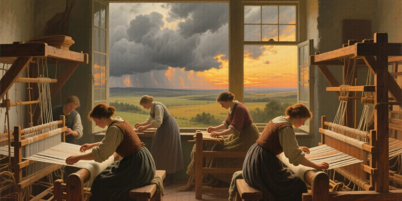 A broad landscape view of a group of weavers working at wooden looms by a window, beneath heavy grey storm clouds, at golden hour.