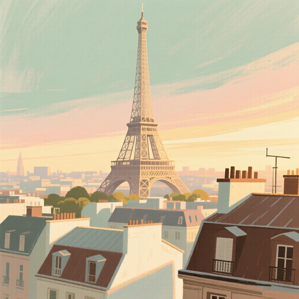 The Eiffel Tower rising above the rooftops of Paris at dusk