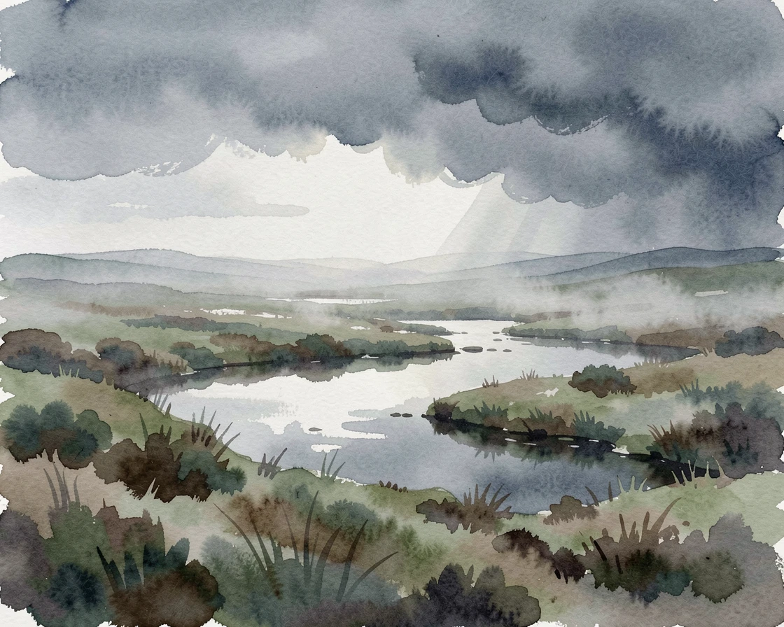 A foggy moorland as storm clouds gather with reflections shimmering on the water.