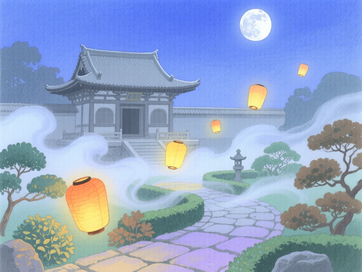 A dreamlike scene of a moonlit temple garden, filled with drifting glowing lanterns, inviting quiet wonder and imagination