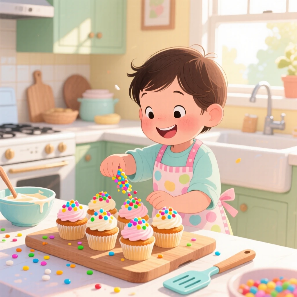 A child decorating cupcakes with colorful sprinkles at the kitchen counter, radiating delicious coziness.