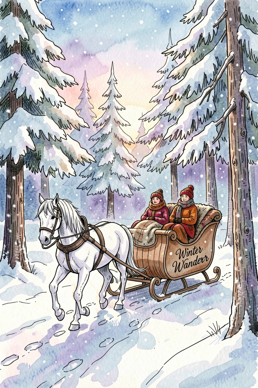 A winter sleigh ride through a snow-covered forest at dusk, soft light and seasonal color bringing the moment to life.