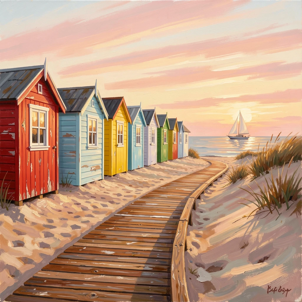 A row of colorful beach huts along the shore, with a winding wooden boardwalk leading to the dunes, a single sailboat crossing the horizon, at sunrise, the sky streaked with soft pink and orange.
