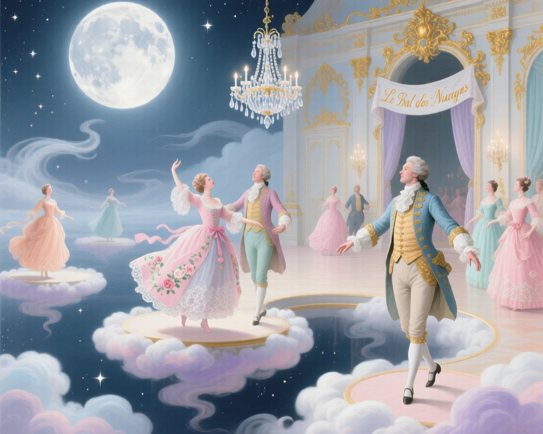 A ballroom suspended beneath a giant moon, with dancers on cloud terraces  
