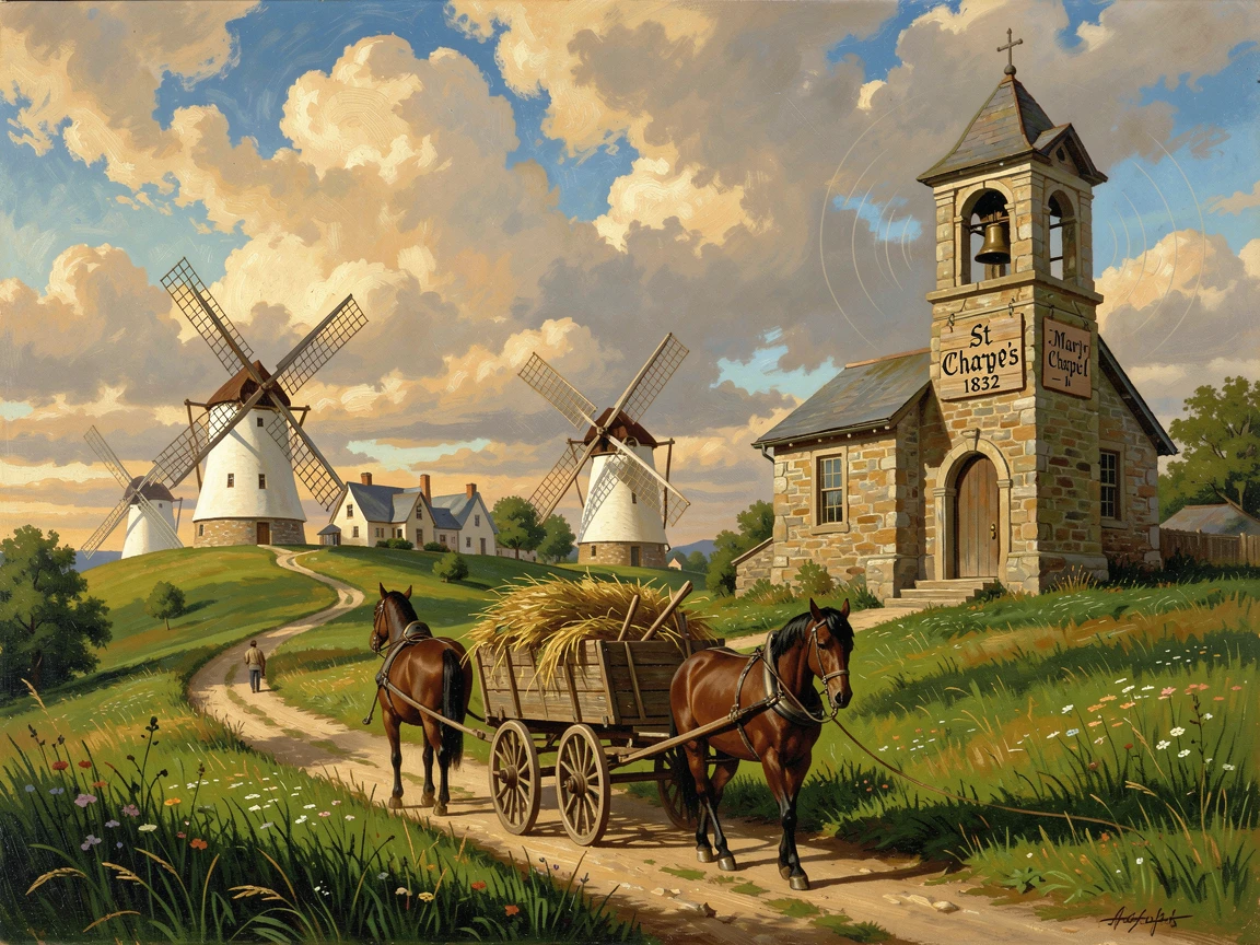 A farmer drives his cart through a windmill village on a green hill as bells ring from the chapel tower.