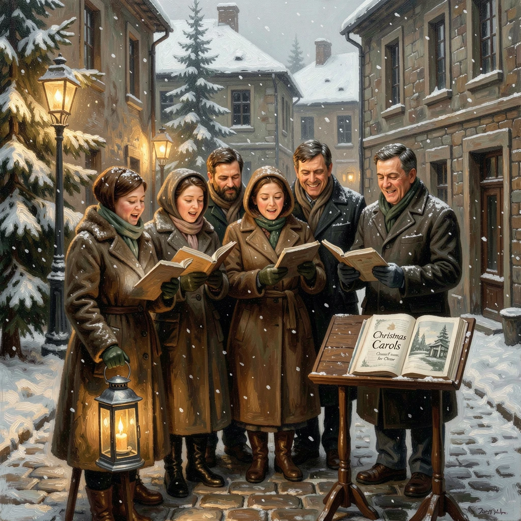A winter holiday choir singing carols beneath softly falling snow, as the whole scene radiates warmth and togetherness, capturing the warmth, joy, and magic of the season