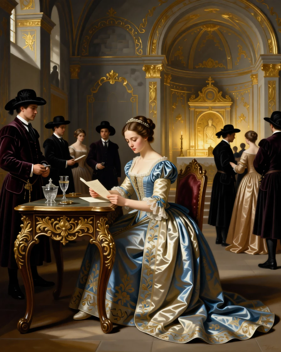A princess reading correspondence at an ornate writing desk amid the elegant bustle of a formal evening, set within a private chapel adorned with gold leaf, with liveried servants moving quietly among the guests; converging sightlines from the guests draw attention to the central gesture, suggesting both splendor and the fleeting nature of such moments.