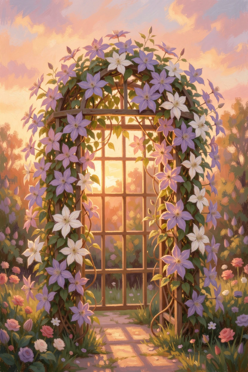 A garden trellis heavy with blooming clematis in shades of purple and white, under a glowing sunset sky, filled with a cozy, comforting atmosphere.