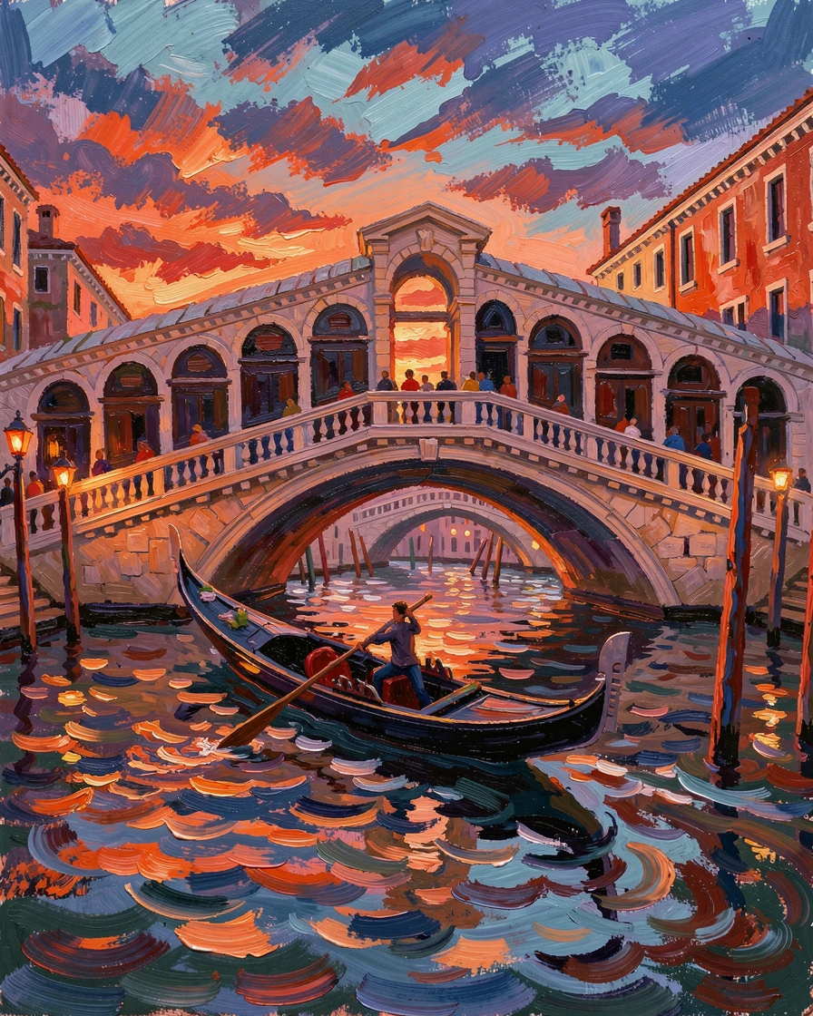 A gondola gliding beneath the Rialto Bridge as the sun sets over Venice.