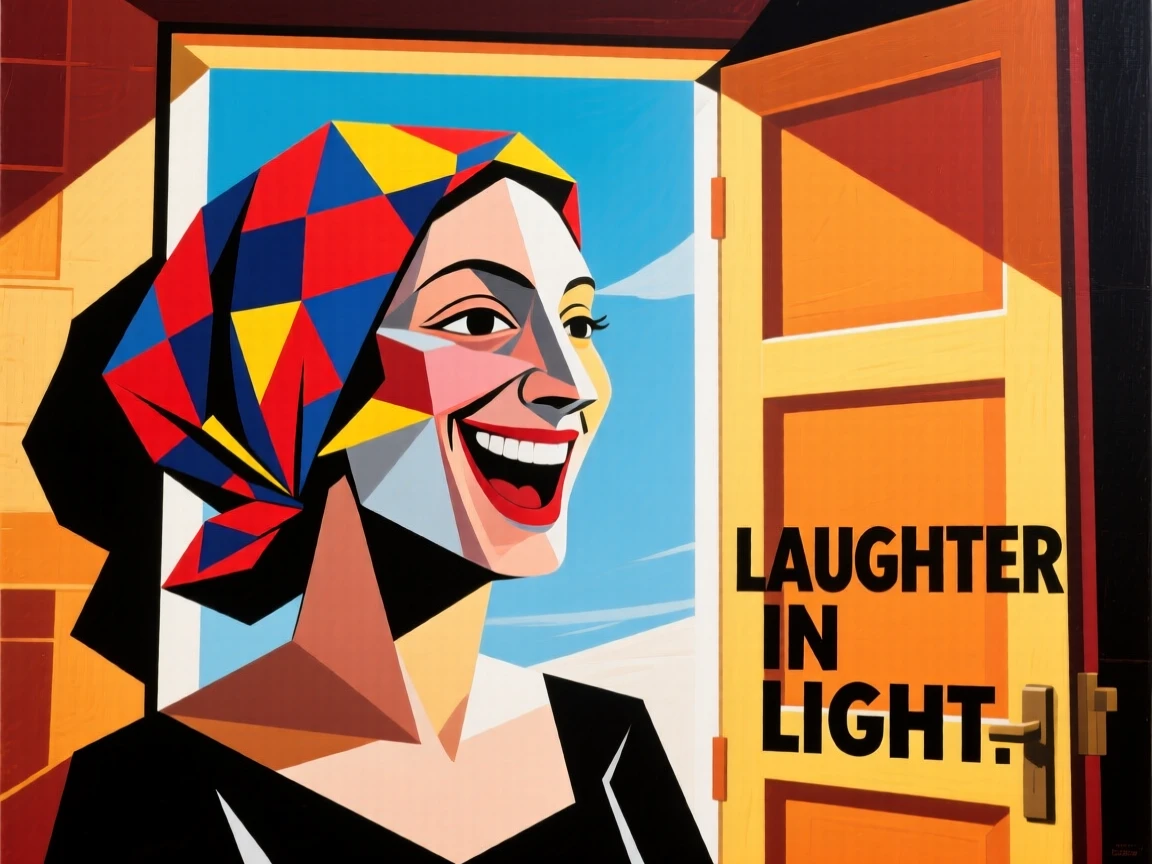 An elegant lifestyle scene of a woman in a bold patterned headwrap laughing in a sunlit doorway.