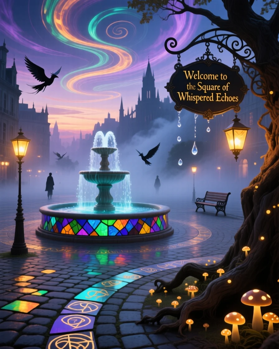 A city square where the fountain flows with softly glowing water sits quietly wrapped in early morning mist, as lantern light spills softly onto quiet cobblestone paths.