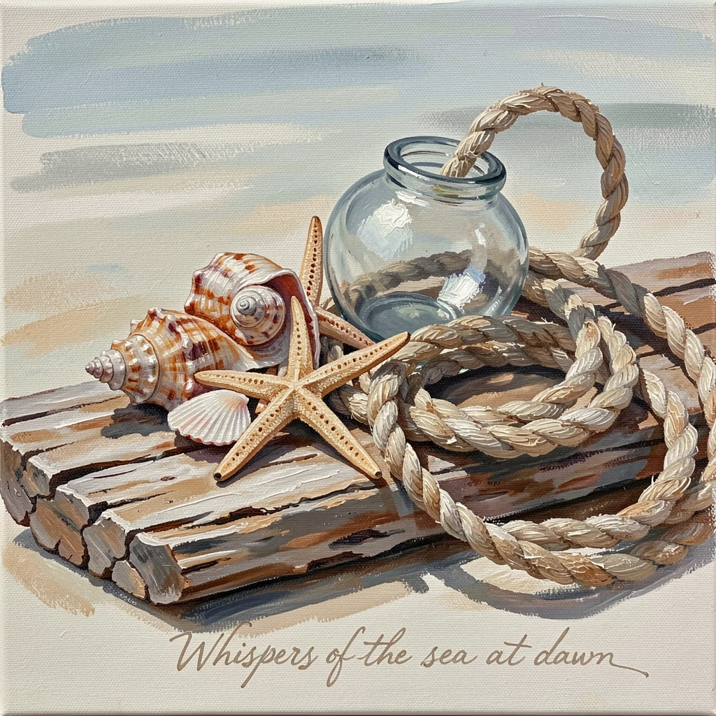 A collection of seashells and dried starfish is arranged on weathered driftwood beside an old glass fishing float and coiled rope, with the crisp, still air carrying only the faintest sounds of distant birdsong.