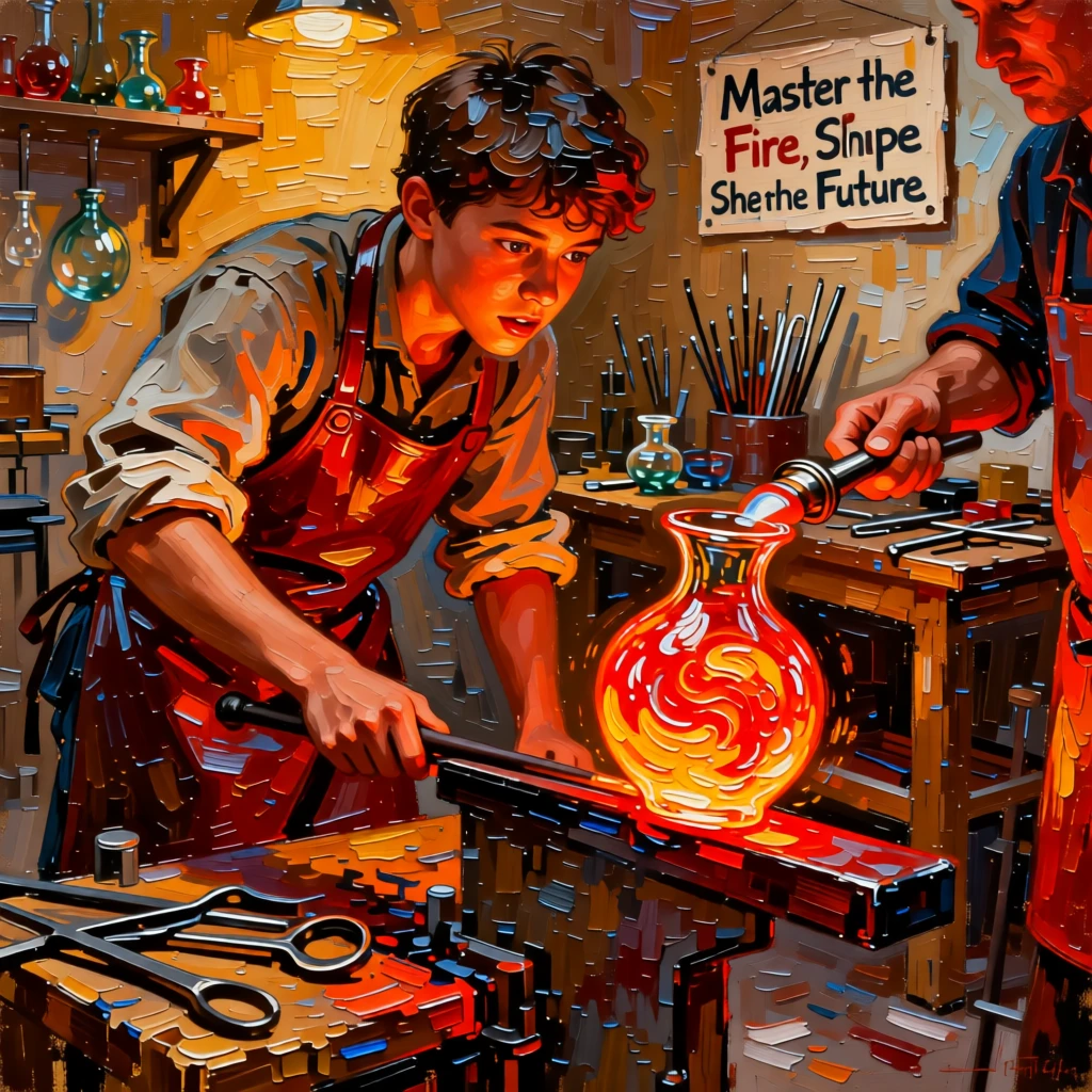 a glassblower's apprentice watching intently as molten glass takes shape