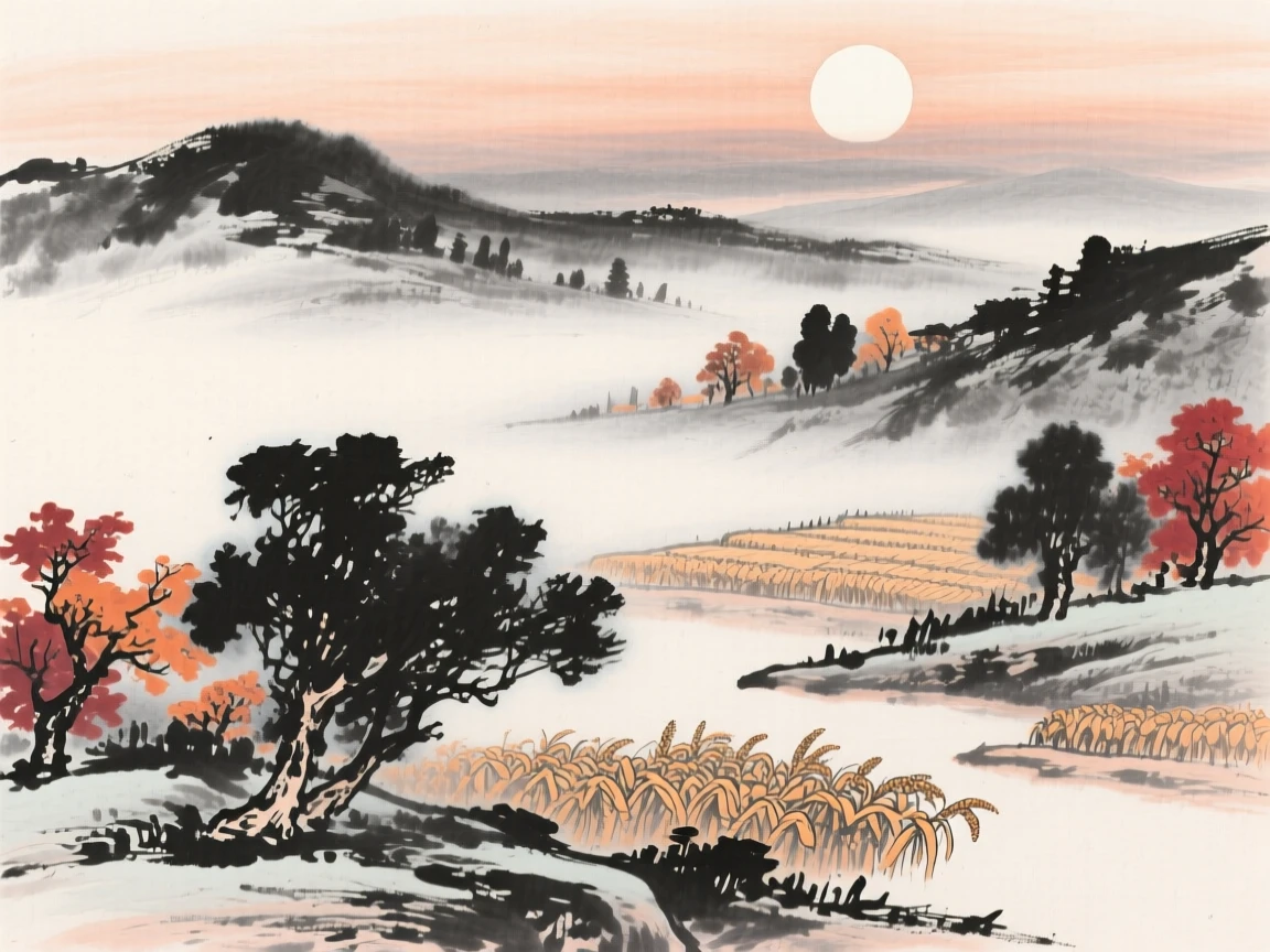 Autumn mist settles over a valley dotted with orange and crimson trees, as the harvest moon begins to rise over the fields.