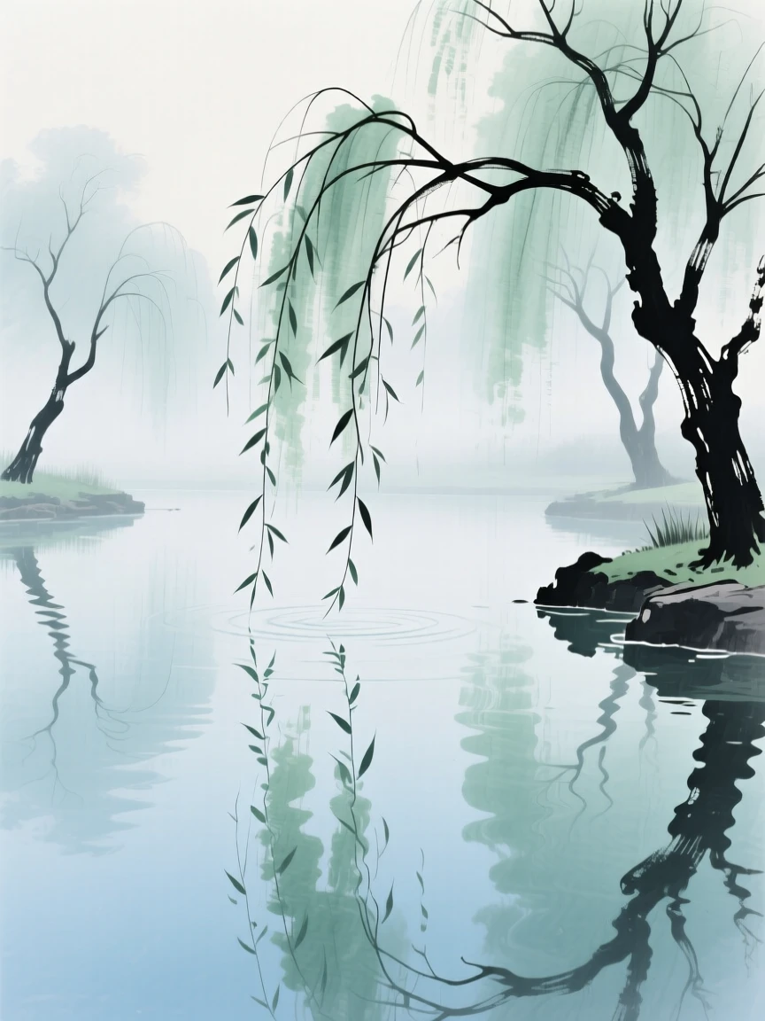 A serene reflecting pool bordered by weeping willows, through a light drifting mist.