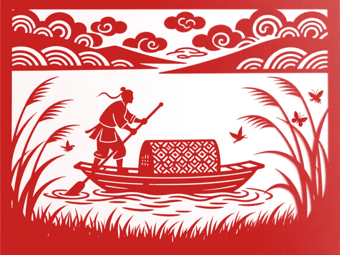 A composition of a boatman poling his raft across a windswept grassland, clouds pooling in the valley like a sea.