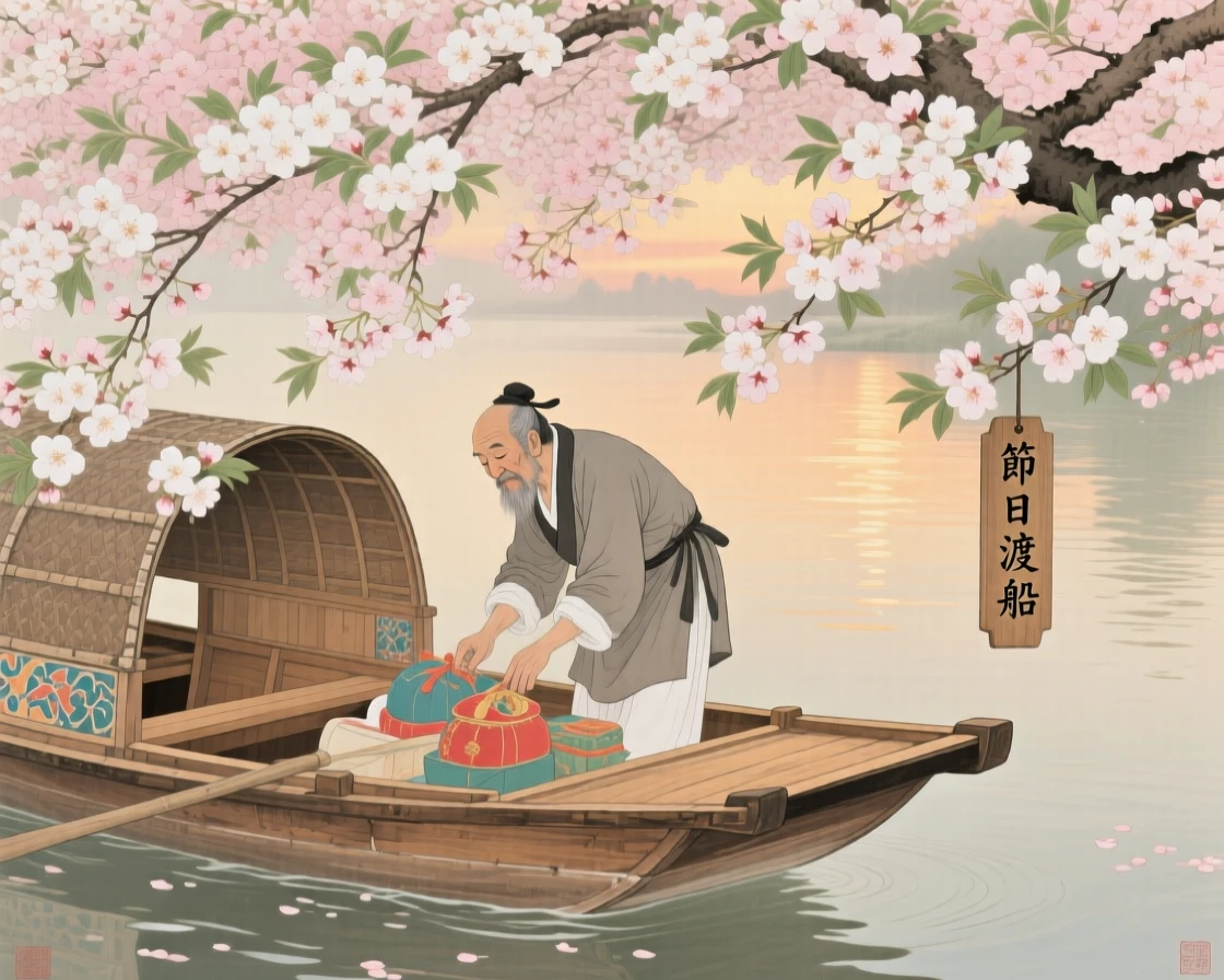 A ferryman preparing for tomorrow's festival beneath a canopy of cherry blossoms