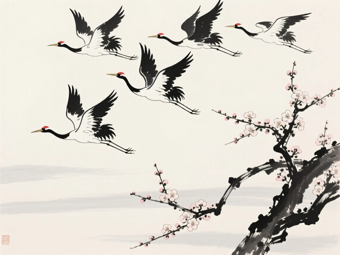 A flock of cranes soaring high against an open sky beside a blooming plum tree, framed against a wide expanse of open sky, carrying a quiet, poetic stillness.