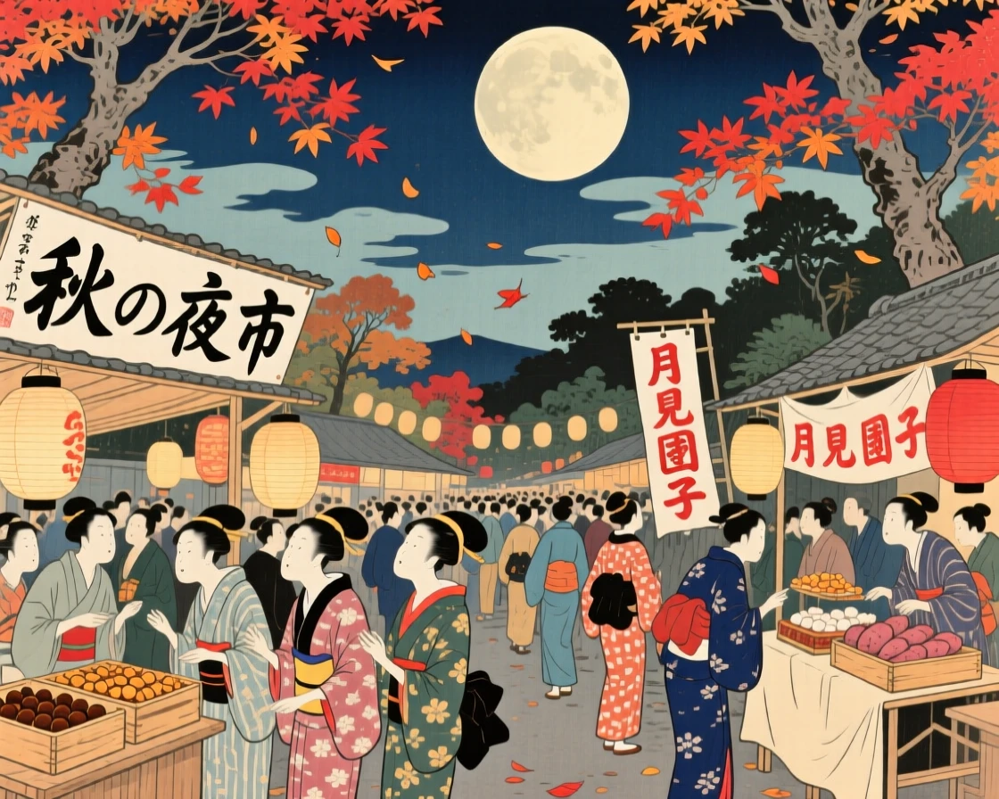 A crowded night market admiring the full autumn moon together.