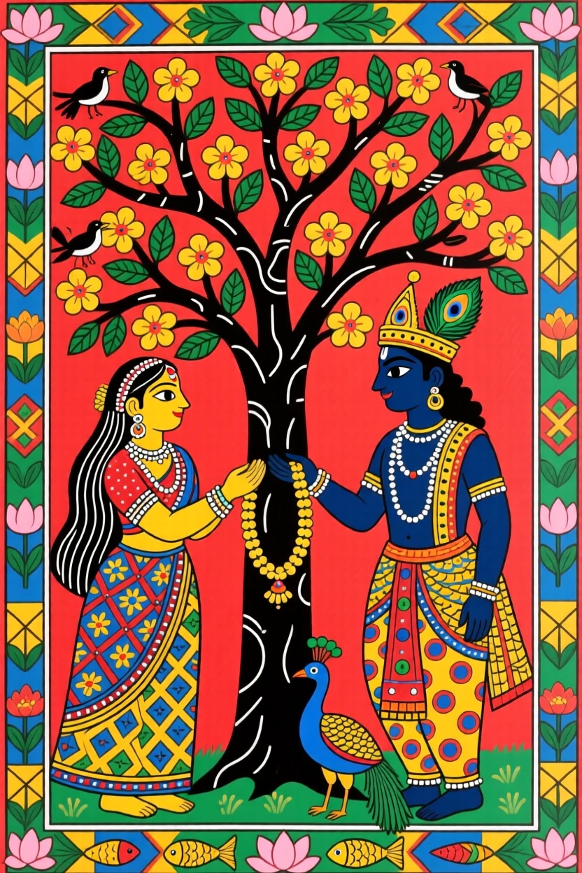 Radha offering a garland to Krishna beneath a blossoming tree.