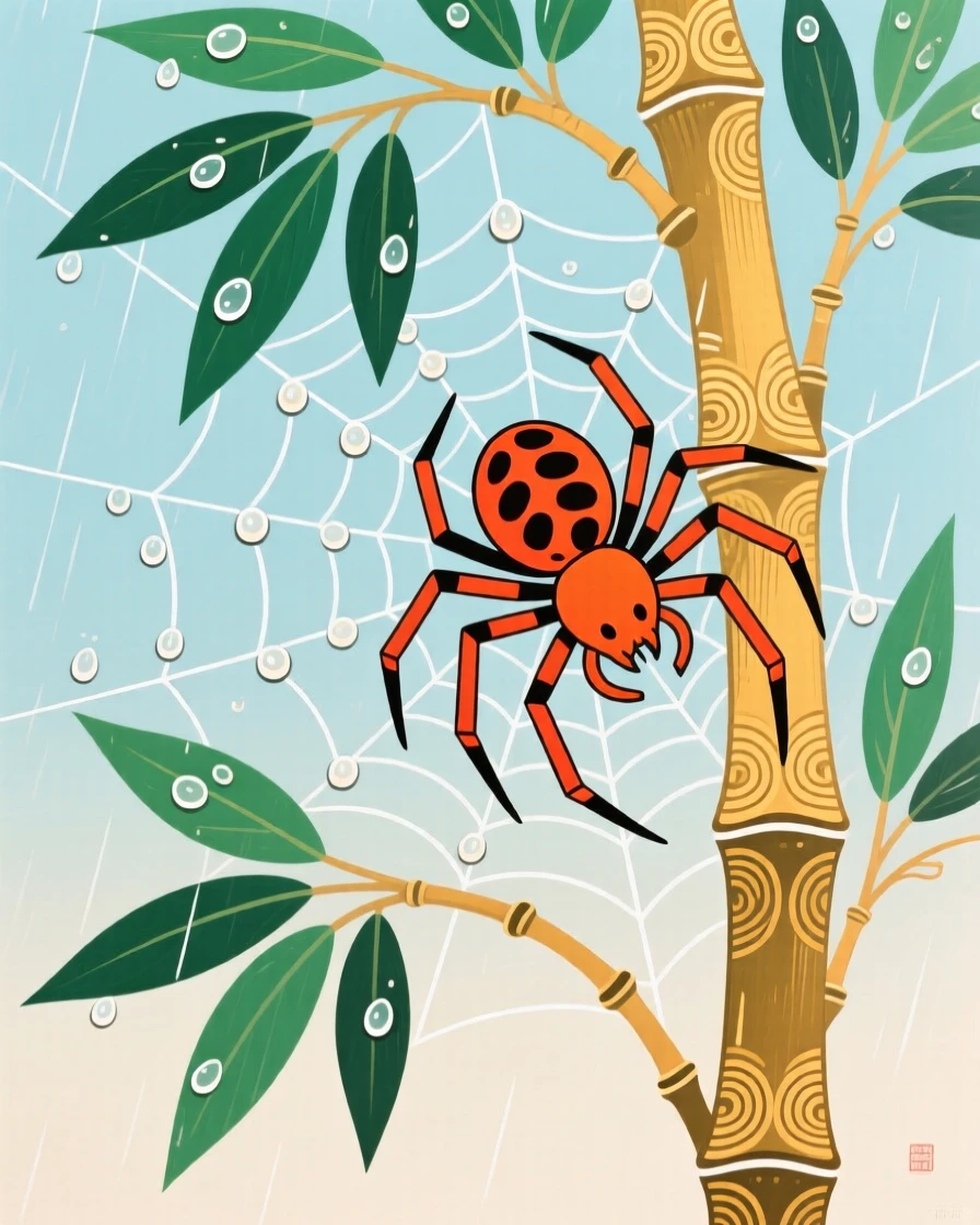 A spider spinning a dew-covered web clinging to a bamboo stalk after rain.