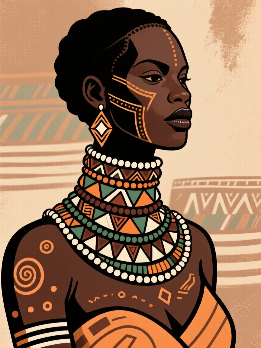A woman wearing tall layered beaded neck rings.