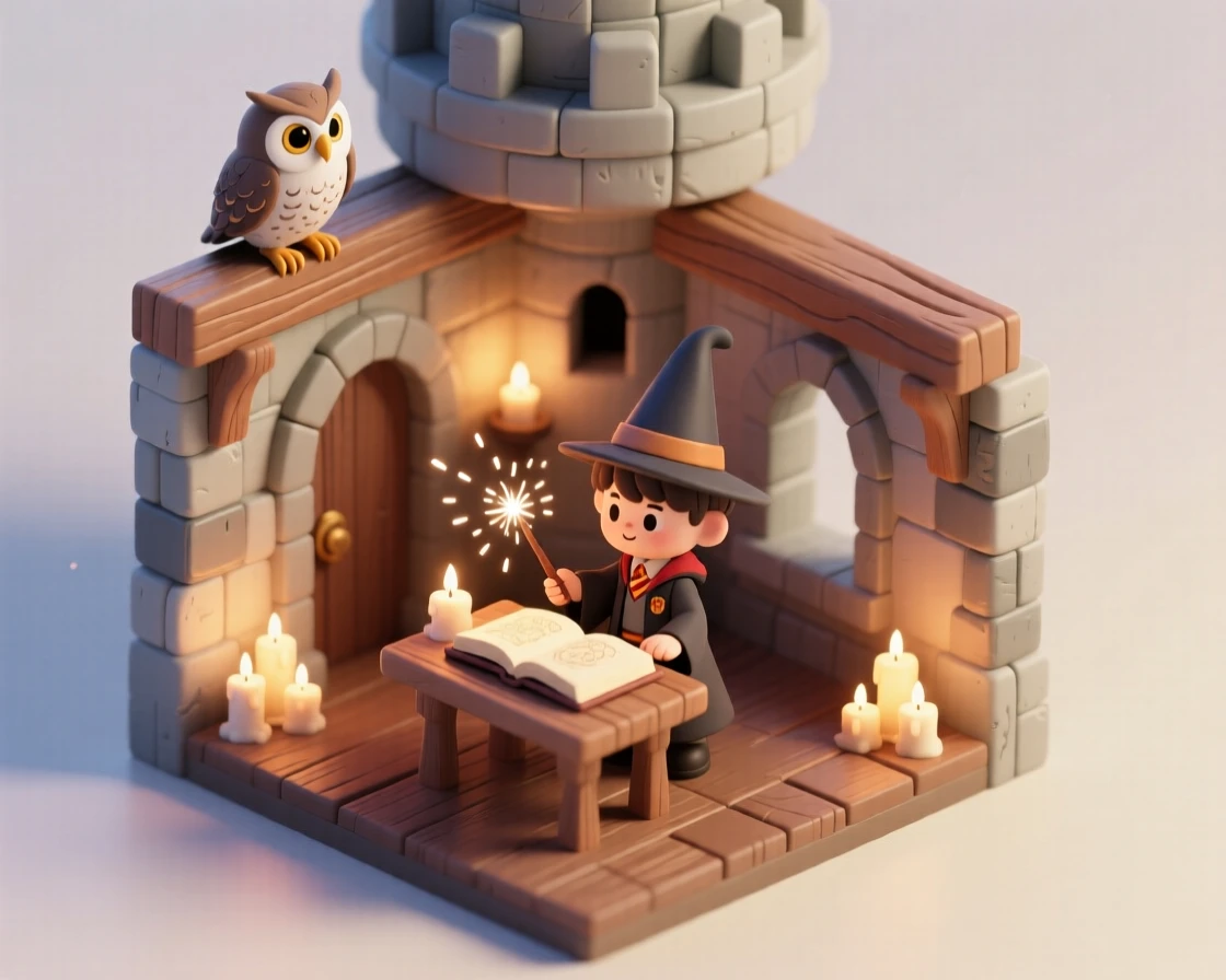 A young wizard's first spell lesson in a candlelit tower, sparks fizzing from a wand as an owl watches curiously.