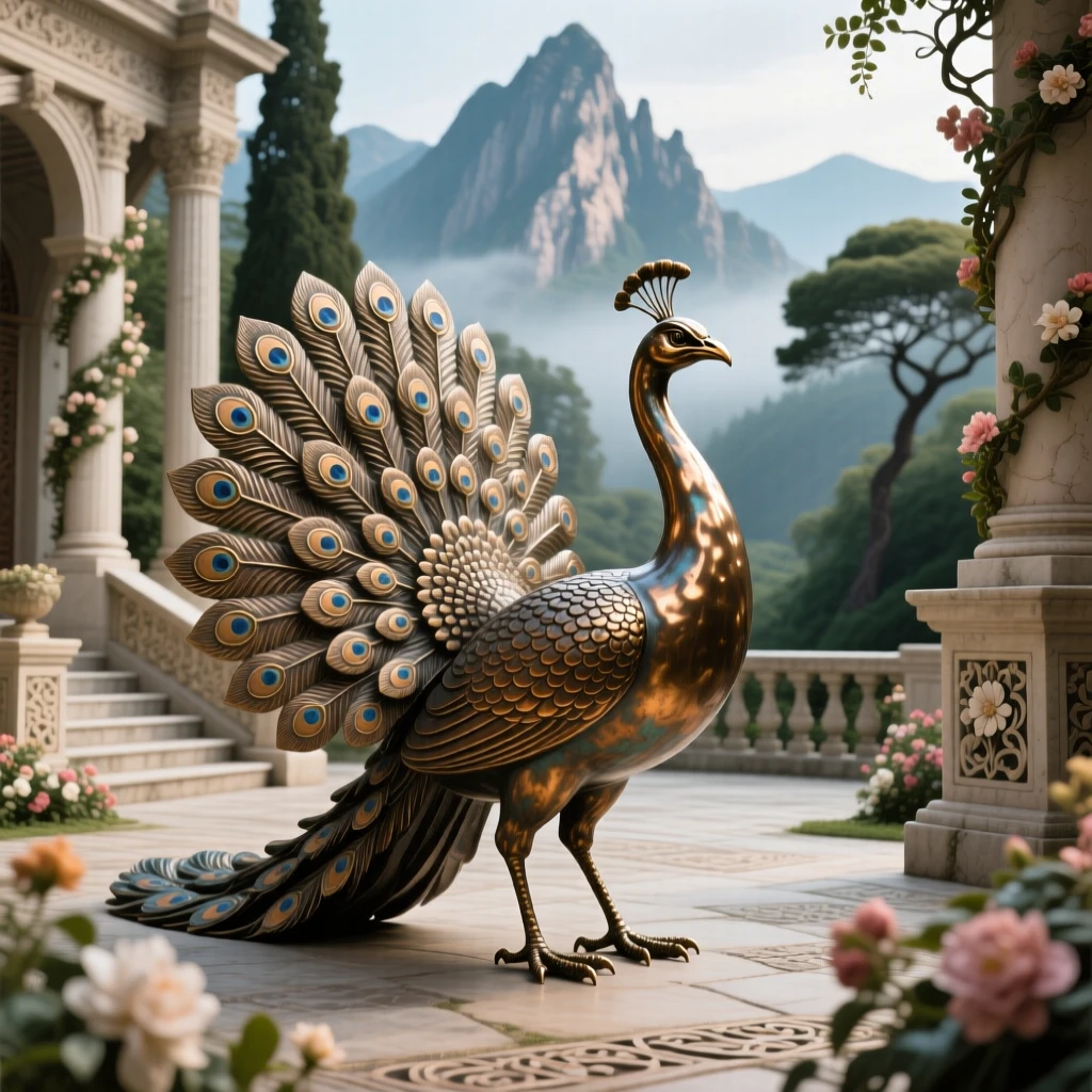 A peacock strutting through a blooming palace courtyard, framed by dramatic natural scenery, evoking wonder and majesty