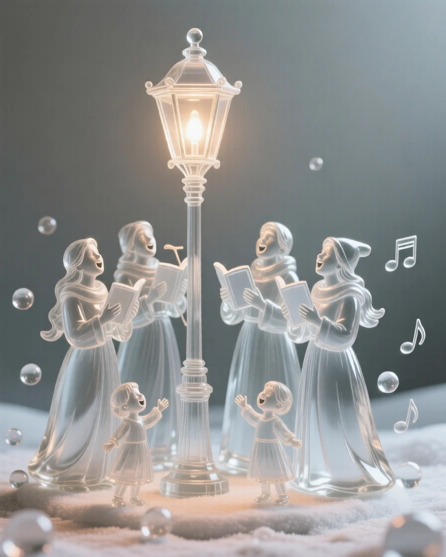 A group of carolers singing together beneath a streetlamp while children's laughter rings out across the yard