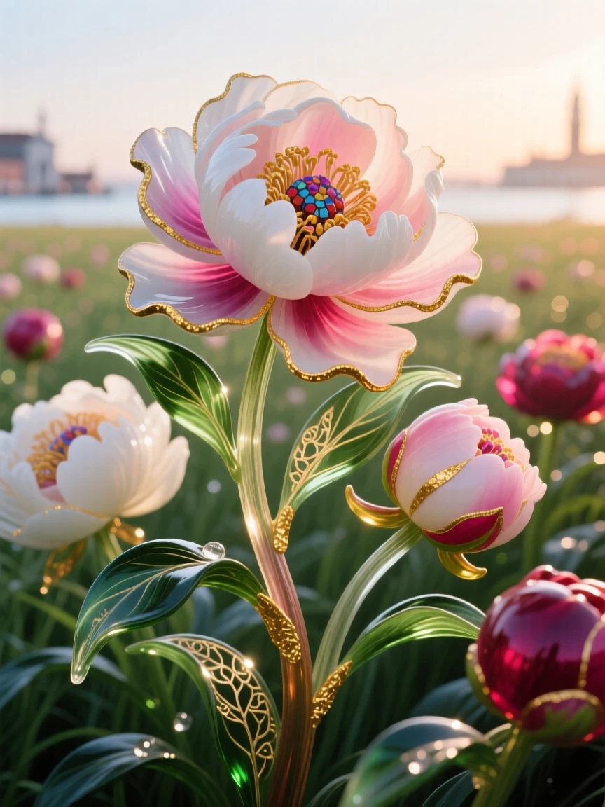 A field of blooming peonies unfurling beneath the soft light of dawn, lush and romantic.