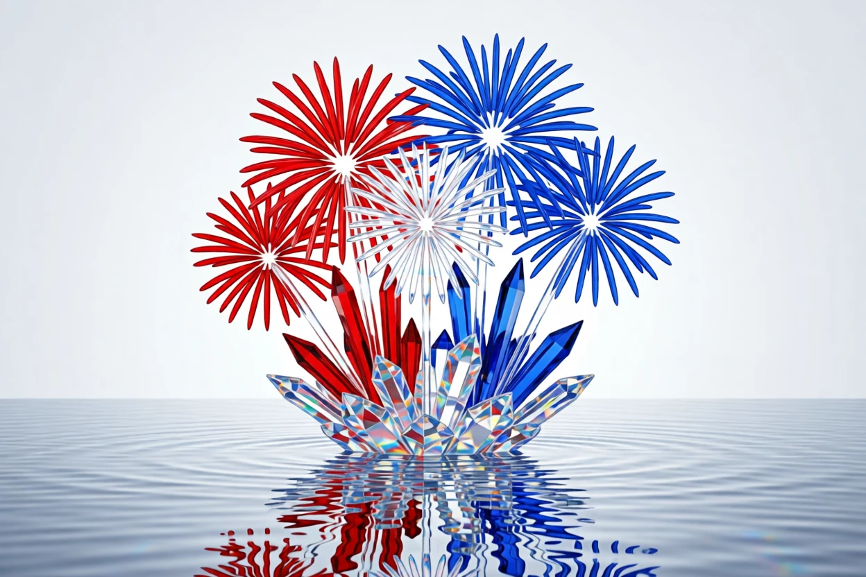 A Fourth of July fireworks celebration reflected in a calm lake.
