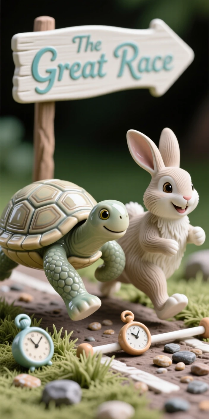 A turtle and rabbit racing side by side, both smiling captured in a charming, storybook moment, surrounded by tiny, carefully placed props, evoking childlike wonder and gentle humor.