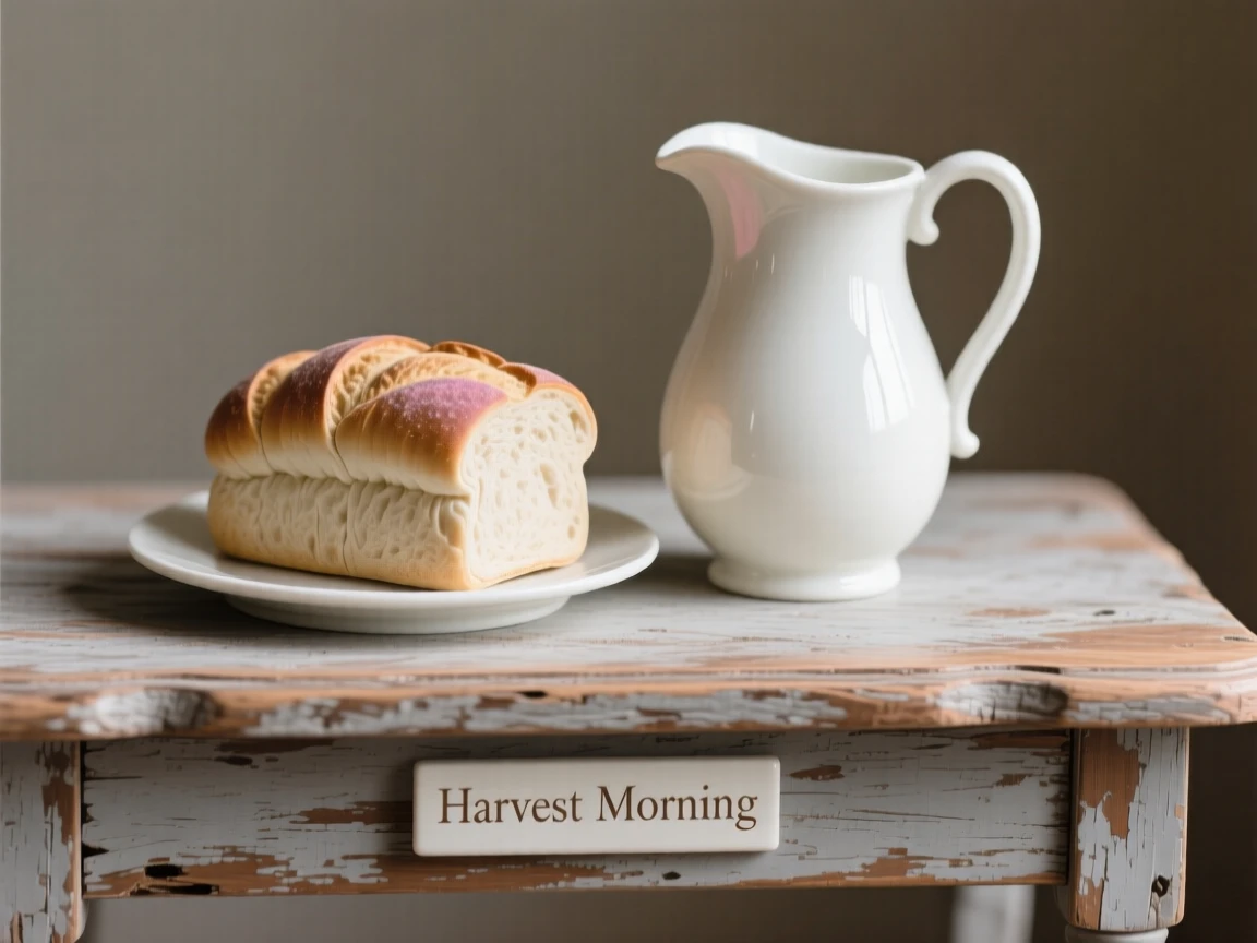 A refined still-life arrangement of fresh bread and a jug of milk on a weathered wooden table, rendered with rich, warm tones.